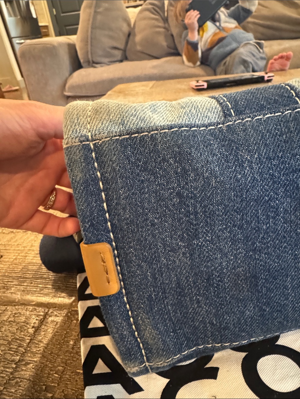 Marc Jacobs Denim Patchwork 'The Tote Bag' in Blue with Tan Trim - Picture 6 of 8
